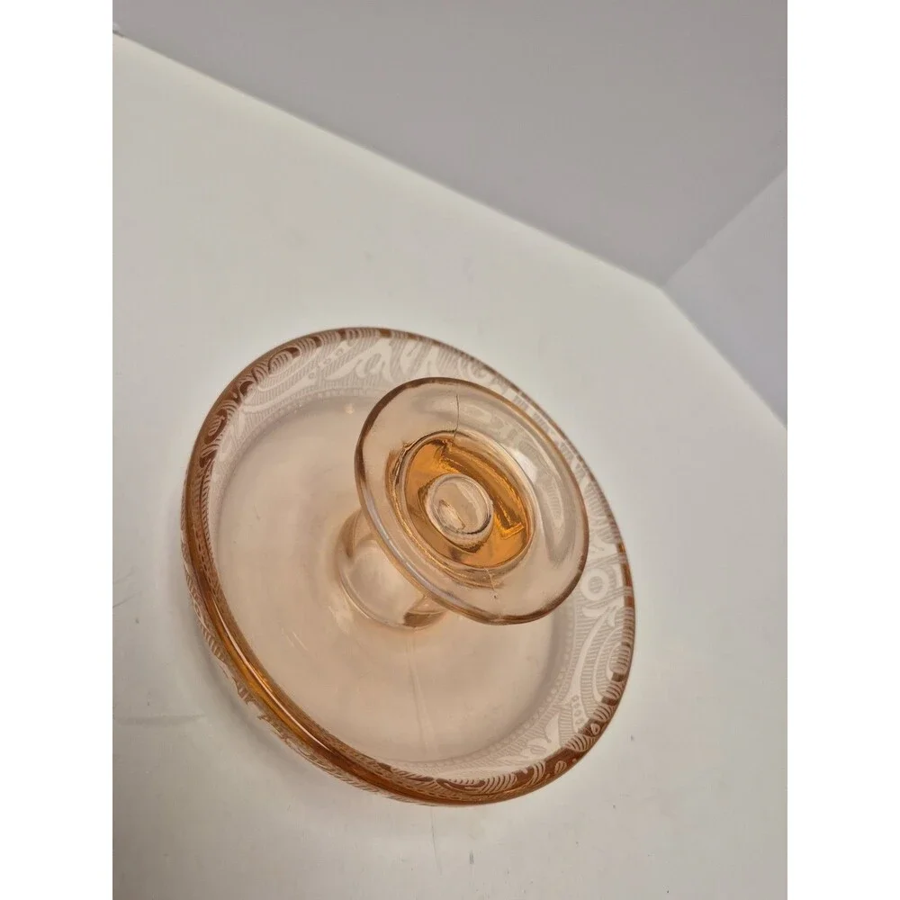 Vintage Depression etched Glass Pink Taper Candle Holder
